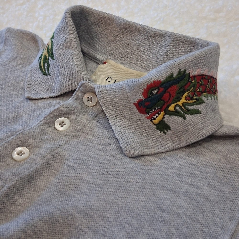 Gucci Gray Polo with Embroidered Dragon Detail Collared